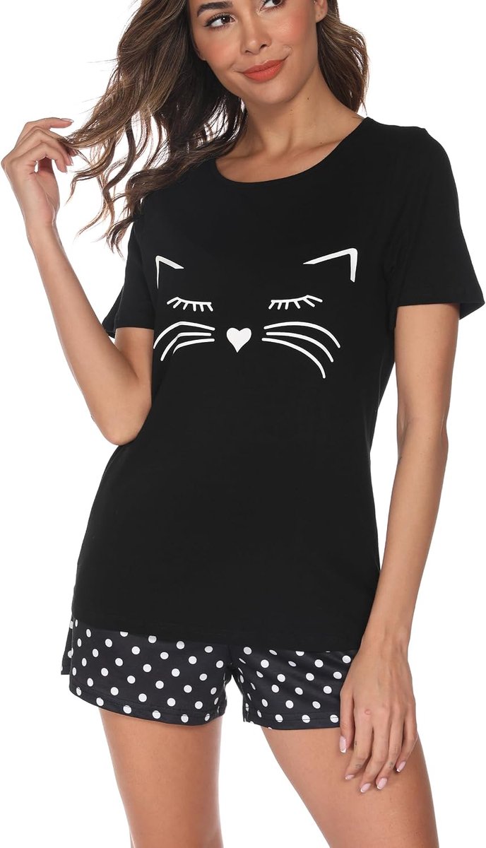 Pyjama's Dames Korte Katoenen Nachtkleding met Korte Mouwen Tweedelige Zomer Set met T-Shirt en Pyjamabroek Loungewear