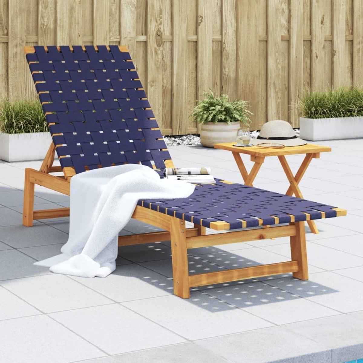 Zonneligstoel, donkerblauw, van massief acaciahout en stof, professionele zonneligstoel, zonneligstoel voor buiten, tuinligstoel, ligstoel, P366509
