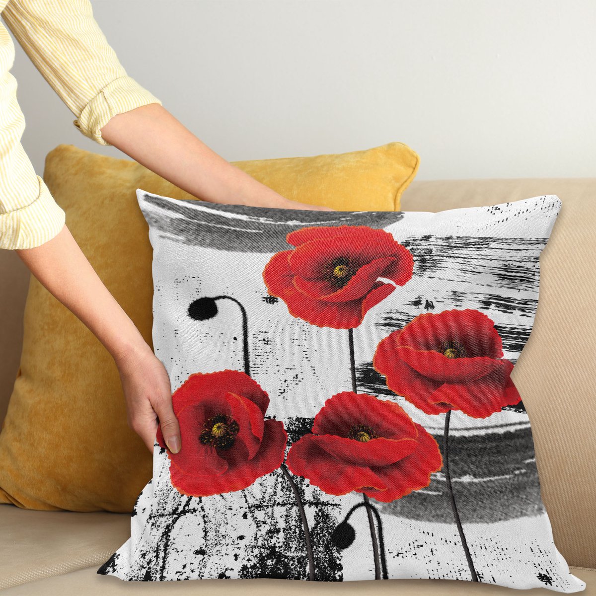 ABAKUHAUS Mohn Kussenhoes, Grunge Pinsel Bloemen, Wasbare Kussenhoes met Ritssluiting, Kleurechte Heldere Kleuren en Dubbelzijdige Print, 45 x 45 cm, Vermiljoen Grijs