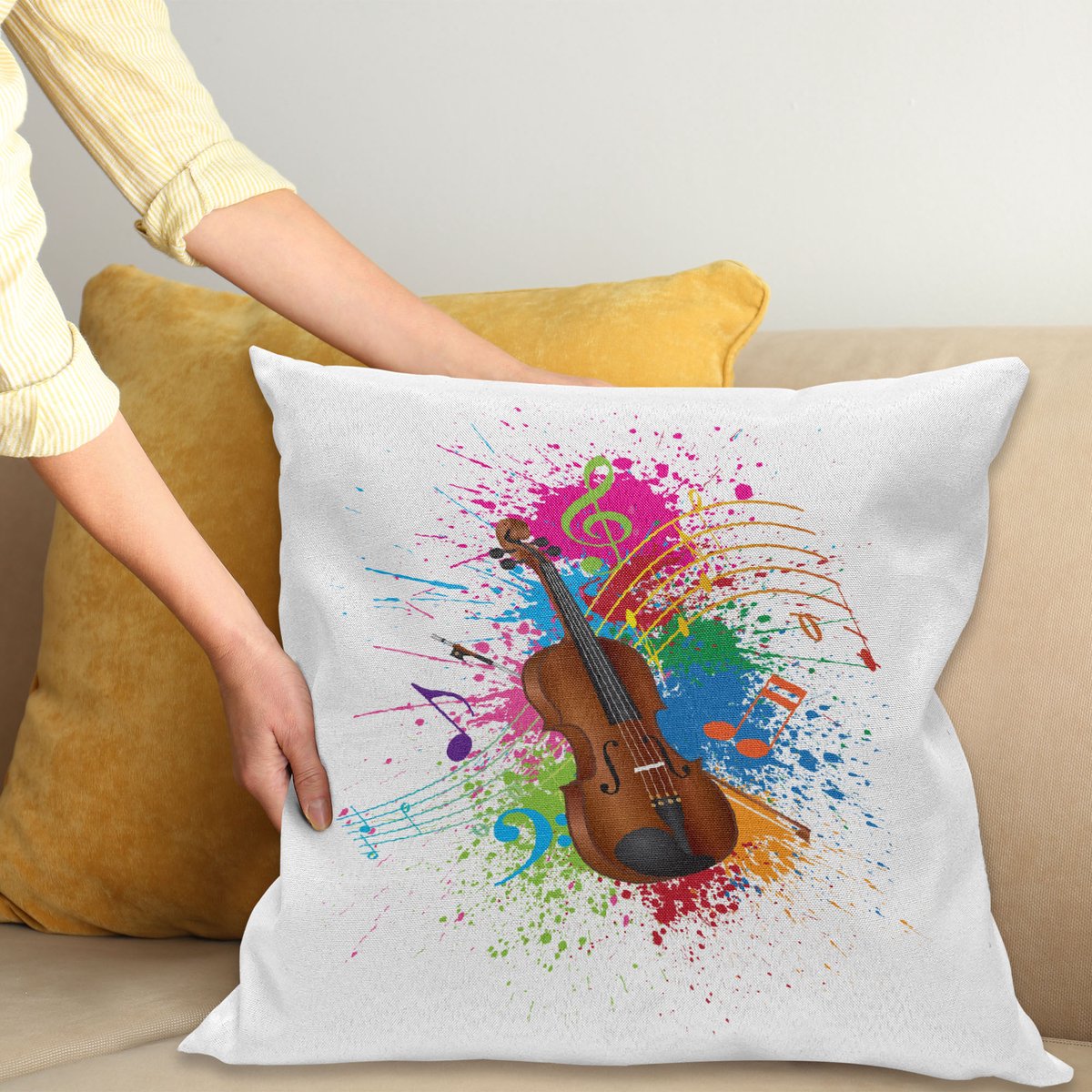 ABAKUHAUS Muziek Kussenhoes, Farbspritzer Violine Kunst, Kussenhoes zonder Binnenkussen, met Ritssluiting, Dubbelzijdige Print, Wasbaar, 50 x 50 cm, Wit en Meerkleurig
