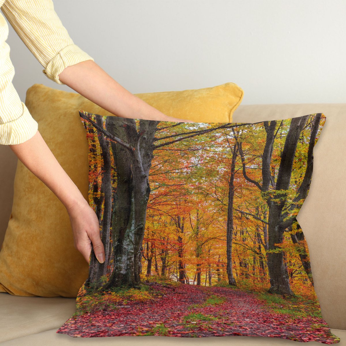 ABAKUHAUS Herfst Kussenhoes, Shady Laubbäume, Water- en Vuilafstotende Stof met Digitale Print voor Binnen en Buiten, 40 x 40 cm, Aprikose Bruin Rood
