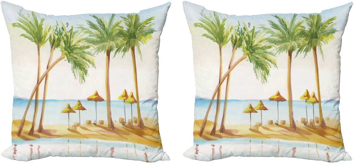 ABAKUHAUS Tropisch Sierkussenhoes Set van 2, Sandy Strand en Palmen, Modern Accent Dubbelzijdige Digitale Print, 50x50, Lichtbruin Varengroen