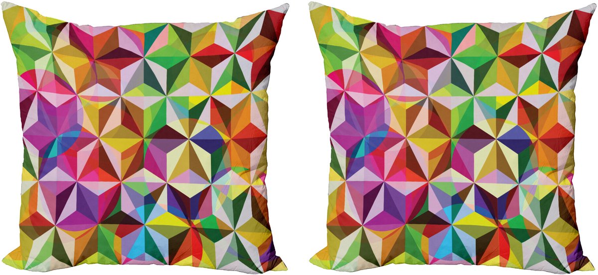 ABAKUHAUS Geometrisch Sierkussenhoes Set van 2, Sechziger-Regenboog-Würfel, Modern Accent Dubbelzijdige Digitale Print, 50x50, Meerkleurig