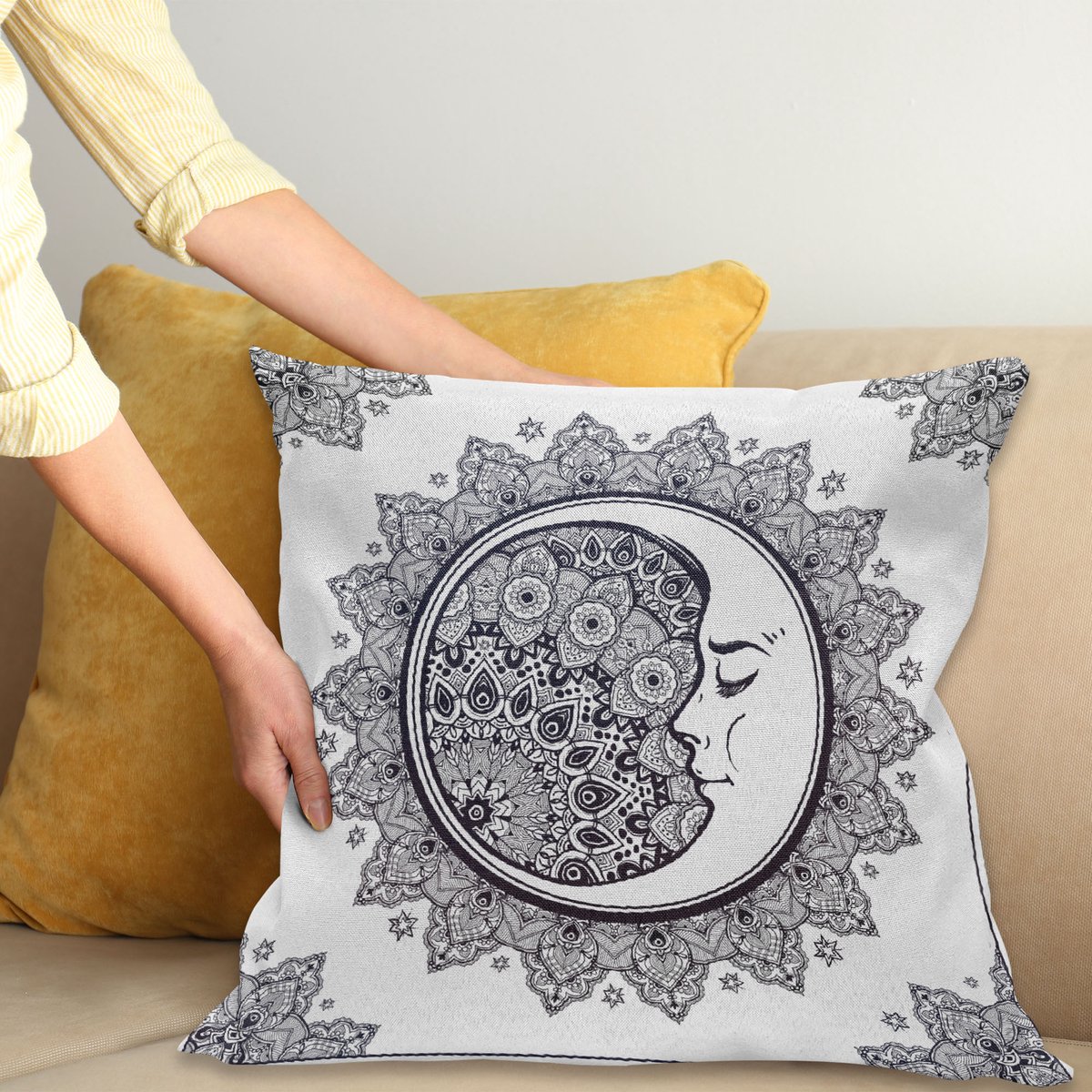 ABAKUHAUS Maan Kussenhoes, Boho Stern-Maan-Mandala, Kussenhoezen met Dubbelzijdige Print Kleurecht Wasbaar en Ritssluiting, 50 x 50 cm, Donkerblauw Wit