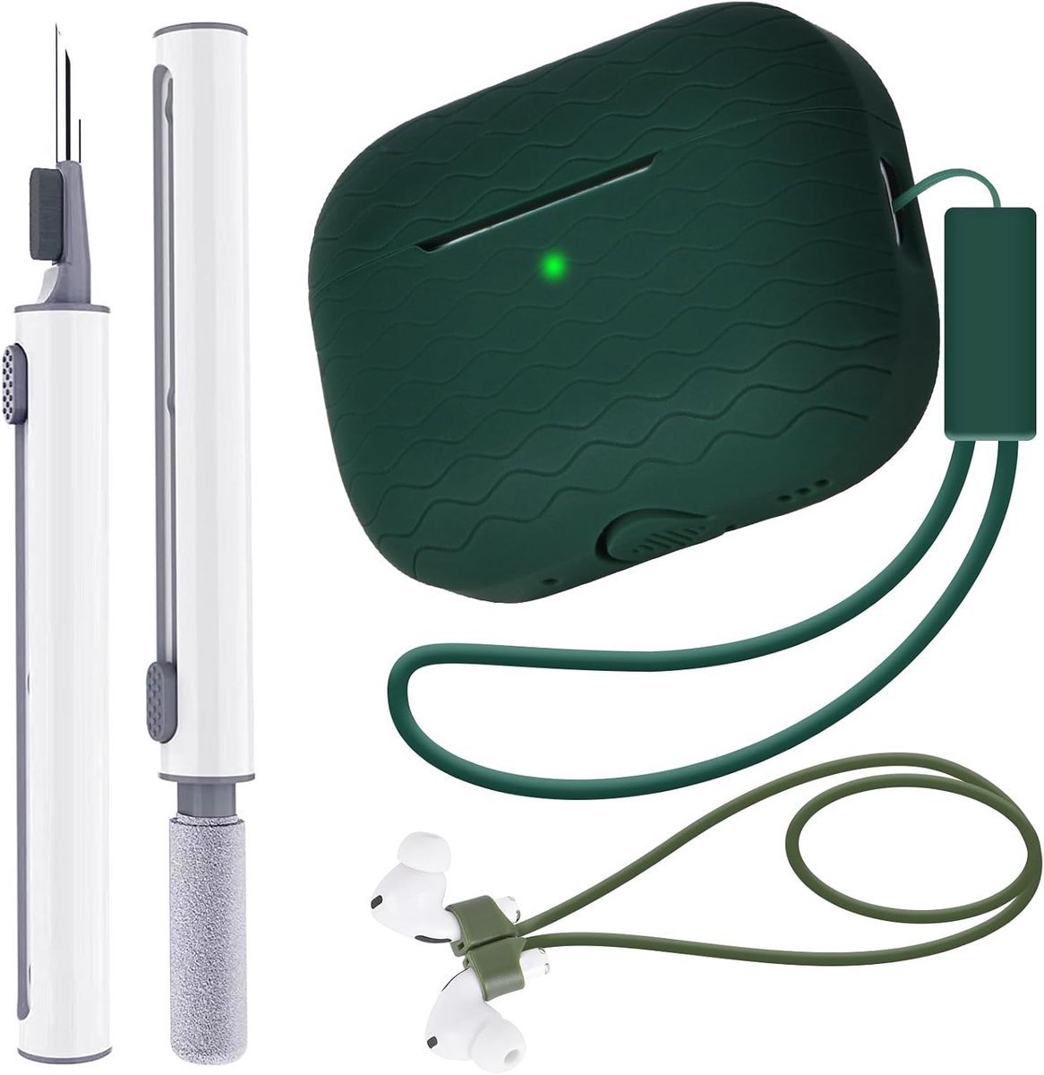 Voor AirPods Pro 2 hoesje 2022 met reinigingsset pen en anti-verloren bandjes voor AirPods, zachte siliconen AirPod Pro 2e generatie hoesje met sleutelkoord (olijfgroen)