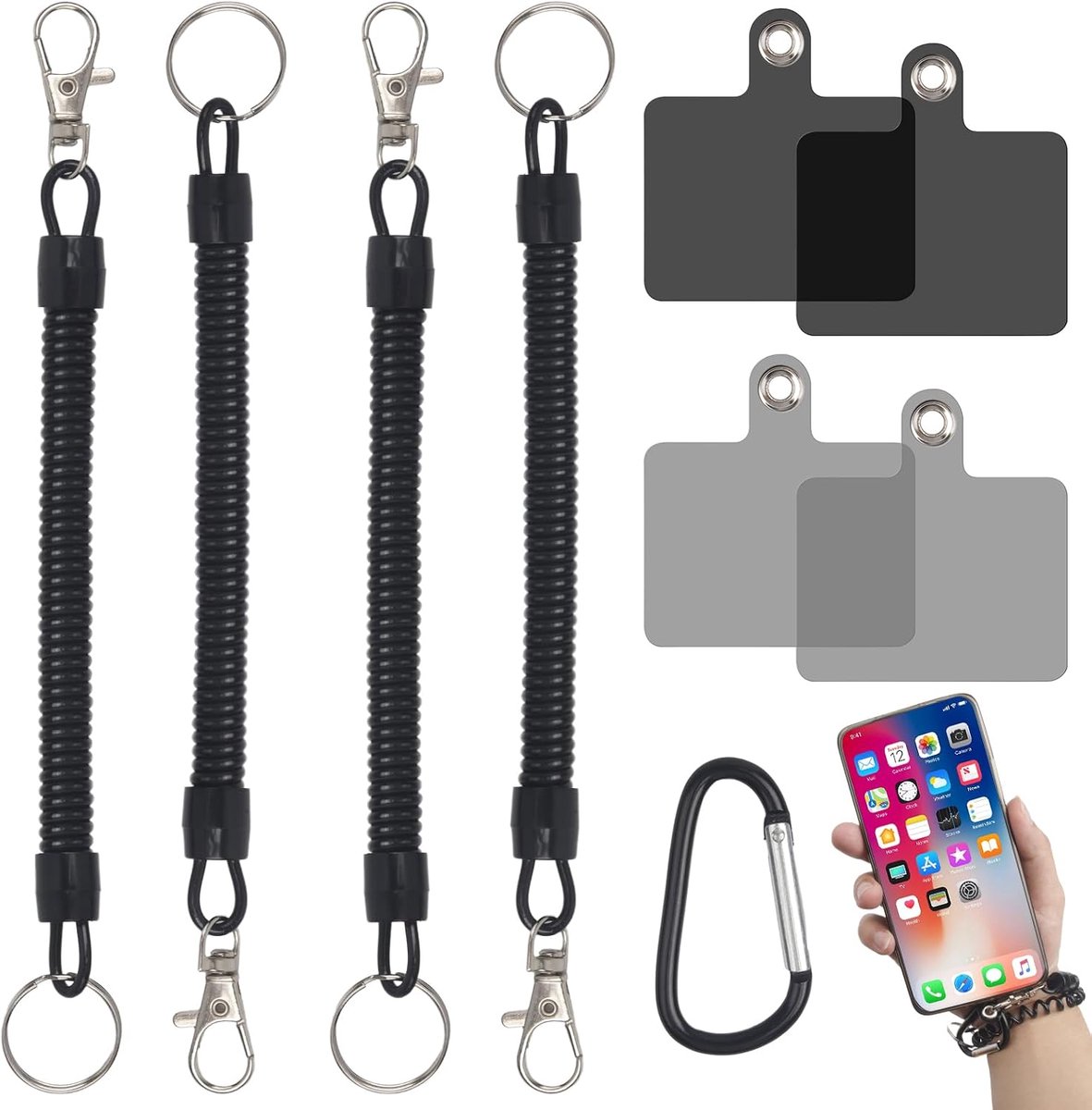 Set van 4 telefoonriemen met karabijnhaak en 4 patches, zwart, diefstalbeveiliging, koord, skiband, wandelen, fietsen, 4 stuks