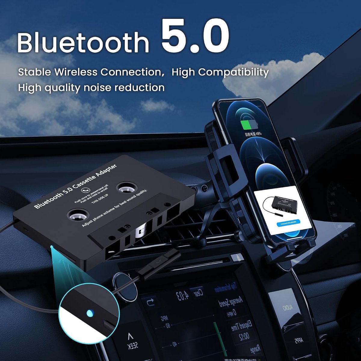5.0 cassette-adapter voor autoradio, converteren van auto-oproepbeantwoorden, telefooncassette-adapter, USB-opladen (zwart)
