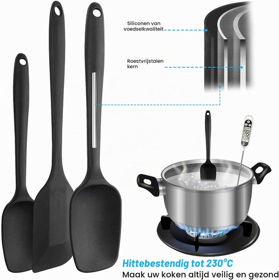 Set van siliconen deegschaapers, 6 stuks, hittebestendig, antiaanbaklaag, zwart, voedingsveilig, robuust, gemakkelijk schoon te maken, voor bakken, koken, mixen, roeren — afbeelding 4