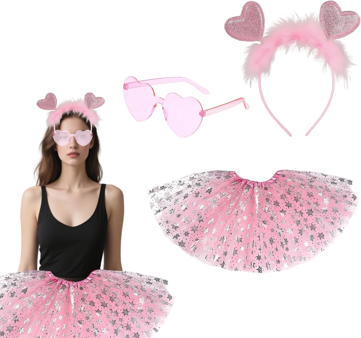 Hoofdband met Hartjes - 3 Delige Set voor Carnaval, Feest en Valentijnsdag - Vrouwelijke Kostuums en Accessoires