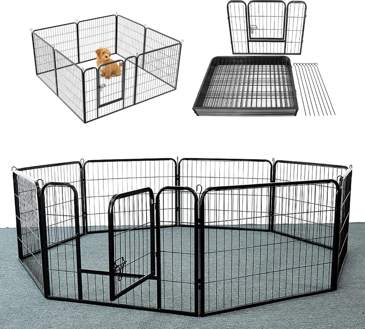 Opvouwbare puppybox, beschermende barrière met 8 panelen, metalen hek met deur, metalen veiligheidsbarrière, omheining met deur voor binnen en buiten, zwart, 640 x 60 cm