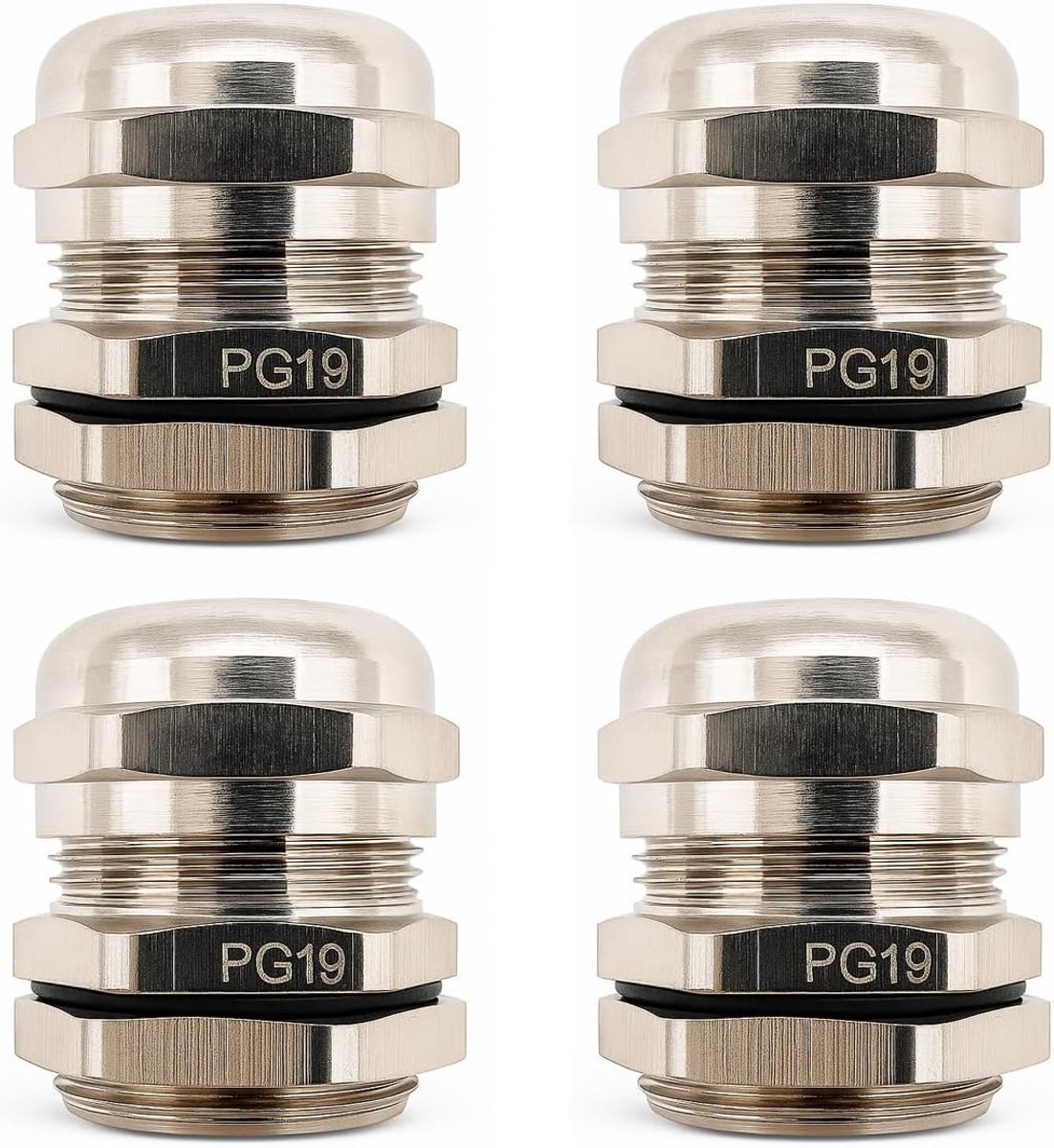 4 stuks PG19 kabelwartels, waterdichte IP68 kabeldoorvoer, vernikkelde messing connector voor kabels van 10-14 mm