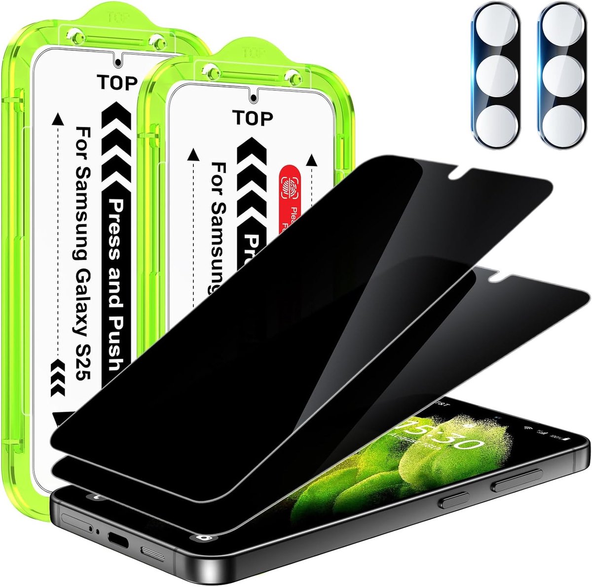 Privacy Screenprotector voor Samsung Galaxy S25 6,2 inch, 2 stuks Anti-vingerafdruk 7H PET Film Schermbeschermer + 2 stuks Camera Lens Beschermer, Vingerafdruk ID Compatibel