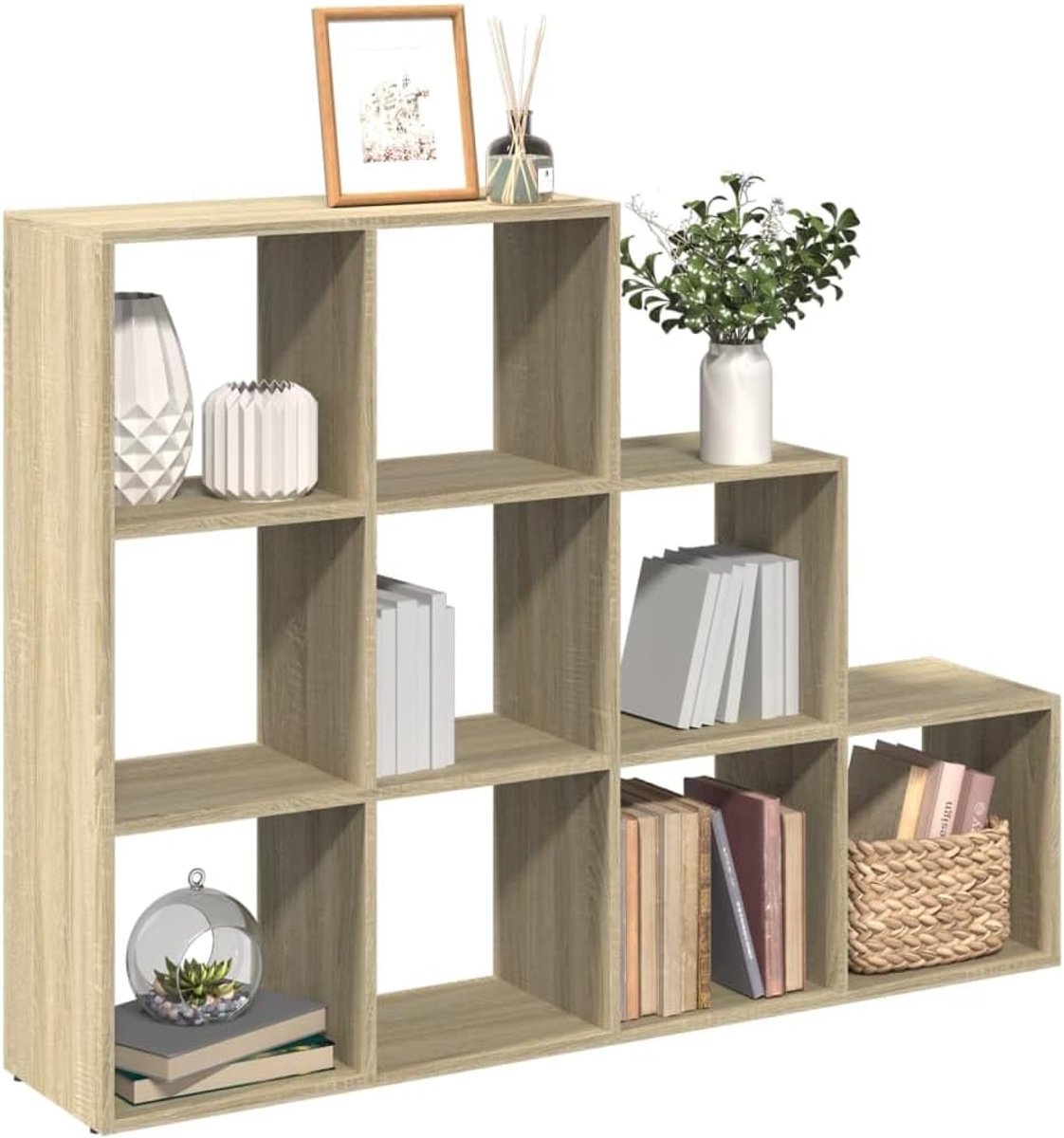 Boekenkast 3 treden in sonoma-eiken 137,5 x 29 x 103,5 cm met 9 kubusvormige vakken als opbergoplossing en decoratief woonaccessoire