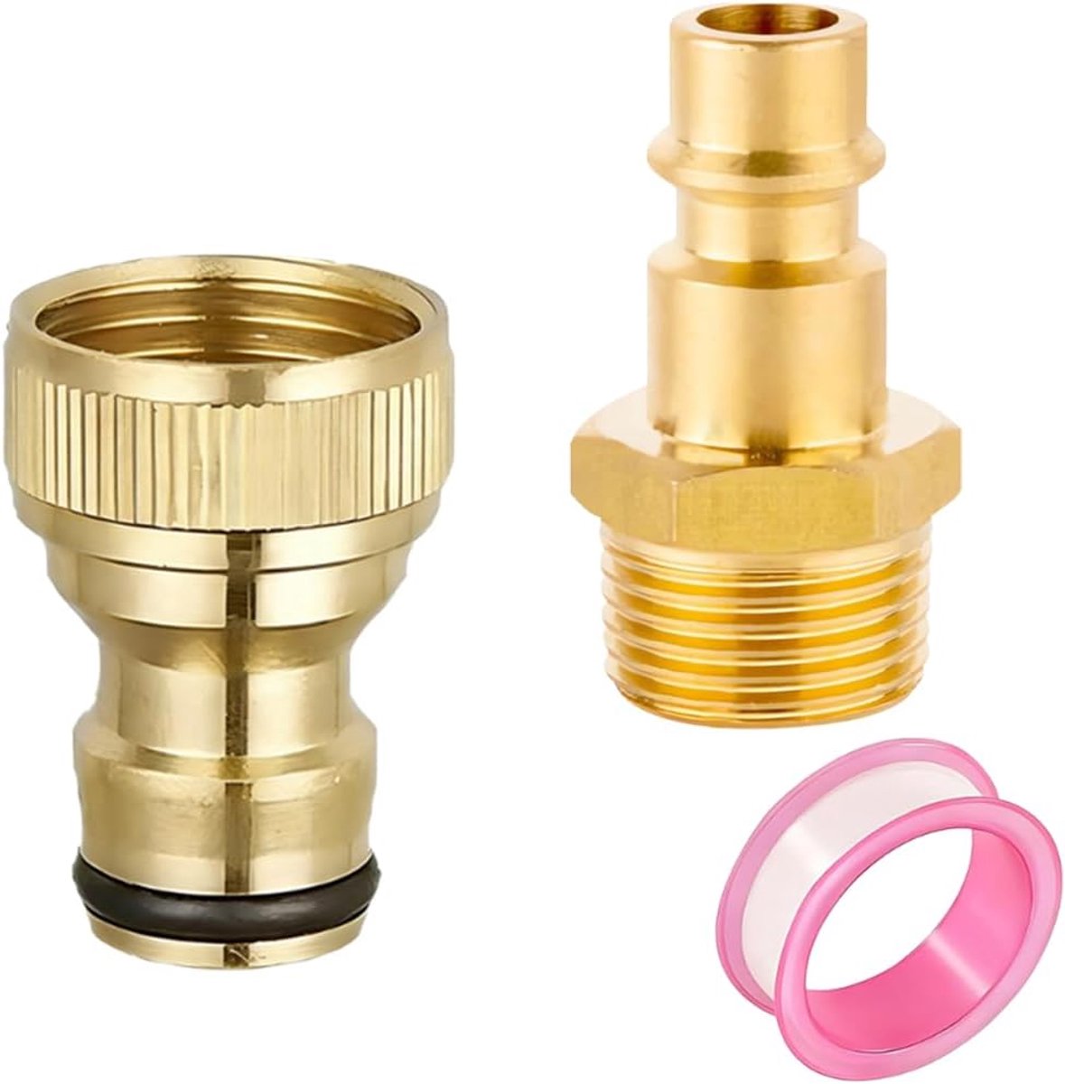 Kraanadapter voor tuin- en keukenslang, 2 universele connectoren van massief messing met 1 rol PTFE-afdichtingstape, lekvrije aansluiting voor tuin en huis.