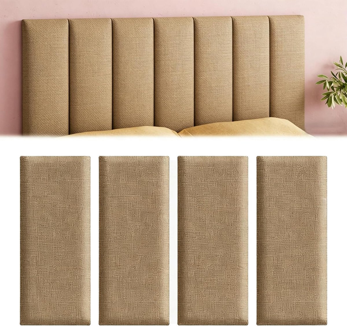 Gevoerd, 4 stuks, 40 x 20 cm, zelfklevende bekleding, decoratieve wandpanelen, wandkussen, wanddecoratie voor slaapkamer, kinderkamer, kantoor, hal (kaki)