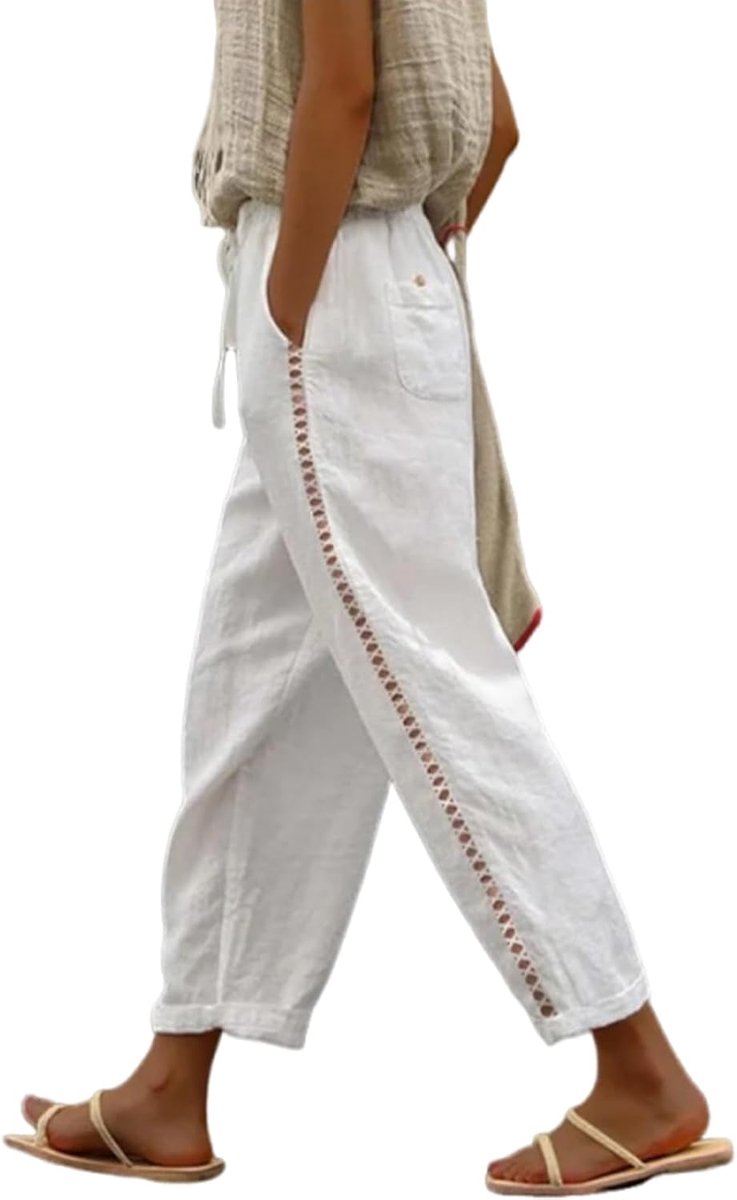 Lichte zomerbroek, luchtig, strandbroek, lange vrijetijdsbroek, slipbroek, stoffen broek, hoge taille, trekkoord, casual, elegant, katoenen broek