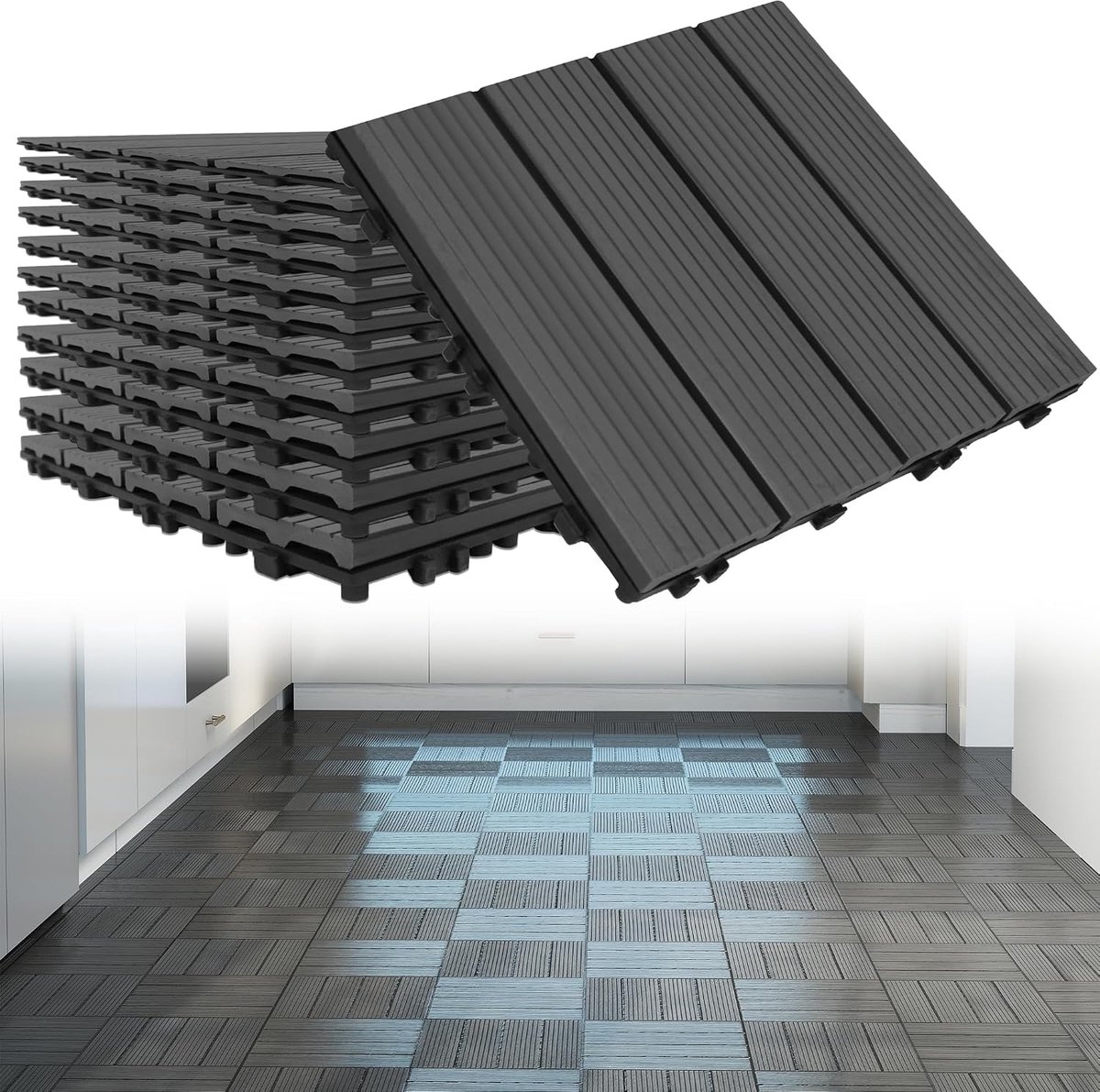 Set van 11 WPC terrastegels 30 x 30 cm, kliktegels met houtlook en drainage, weerbestendige kunststof vloertegels voor balkon, terras en tuin, antraciet