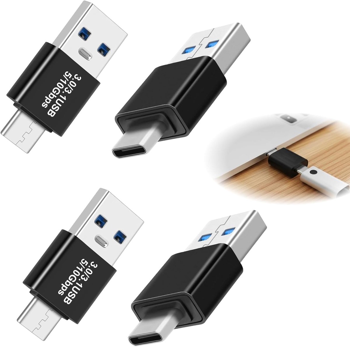 4 stuks 3.0/3.1 stekker naar USB-C adapter, snelle gegevensoverdracht tot Gen 2 10 Gbit/s, USB 3.0/3.1 naar C-adapter, voor smartphones, laptops, tablets en randapparaten