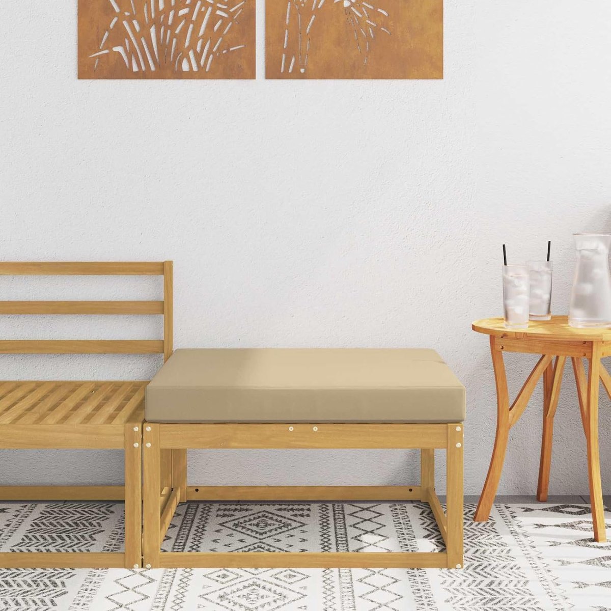 Voetenbank Polyester Wit, Massief Acaciahout Voetenbankje, Modern Lattenontwerp Tuin Voetenbank, Weerbestendig en Duurzaam Buitenmeubel, Eenvoudig Onderhoud, 110 kg Tuin en Patio