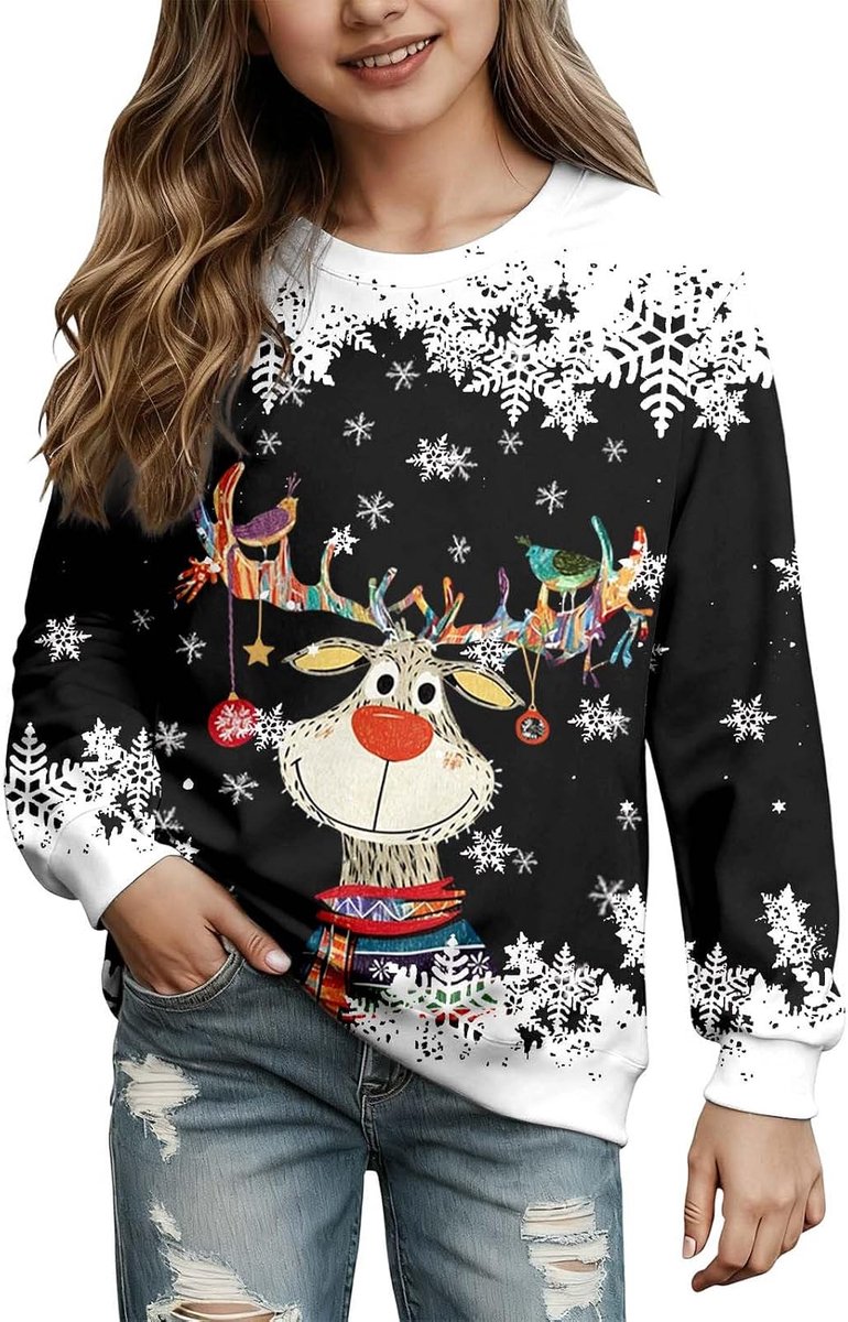 Sweatshirt met ronde hals en lange mouwen en hertenkopmotief voor meisjes (2 tot 14 jaar)