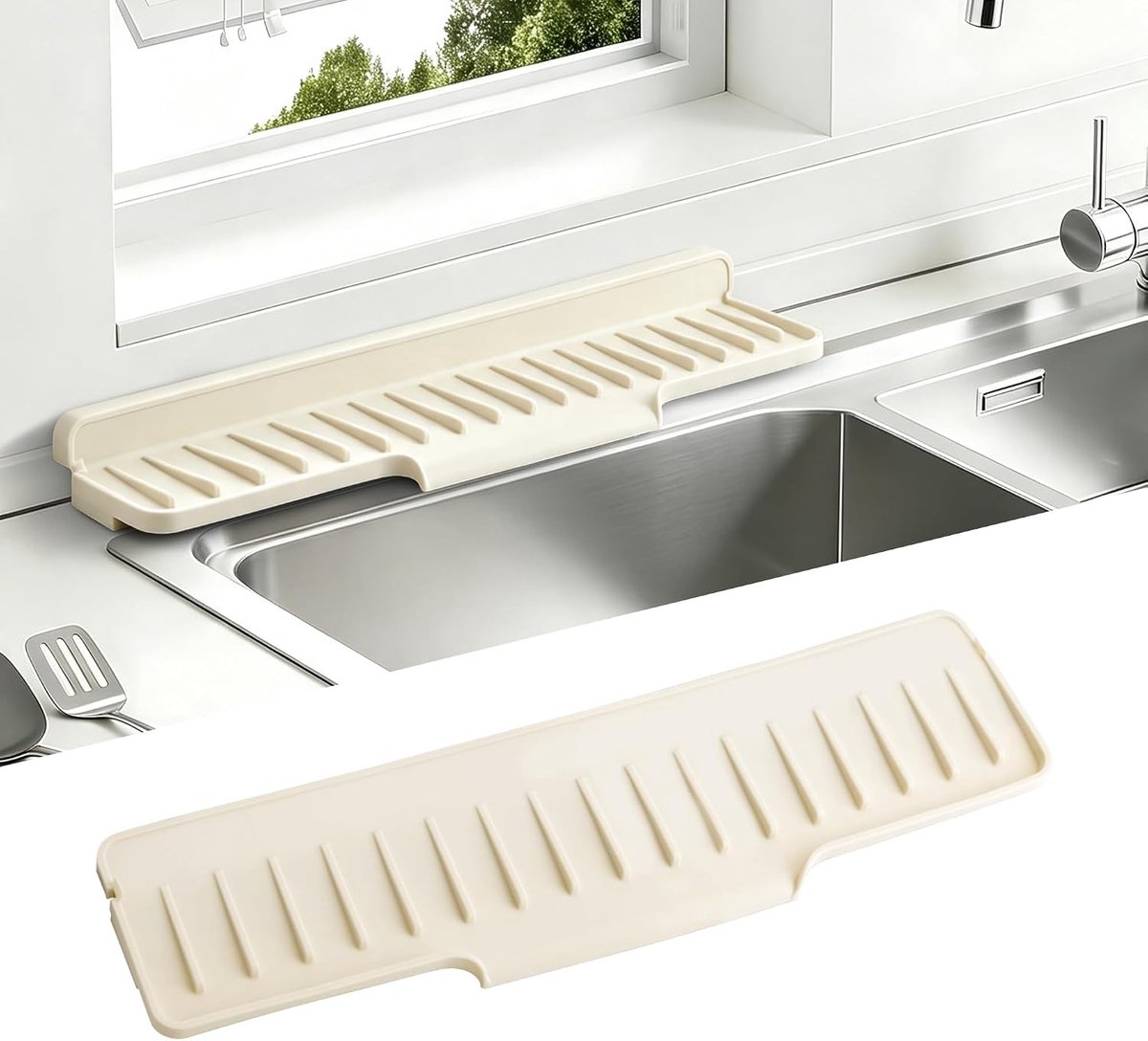 Gootsteenmat Spatplaat - Opvouwbaar Afdruiprek Kraanmat, Splash Guard Bescherming, Keuken/Badkamer Werkblad Afdruipmat, Smalle Lange Gootsteenbeschermer (Beige, 35 x 8cm)