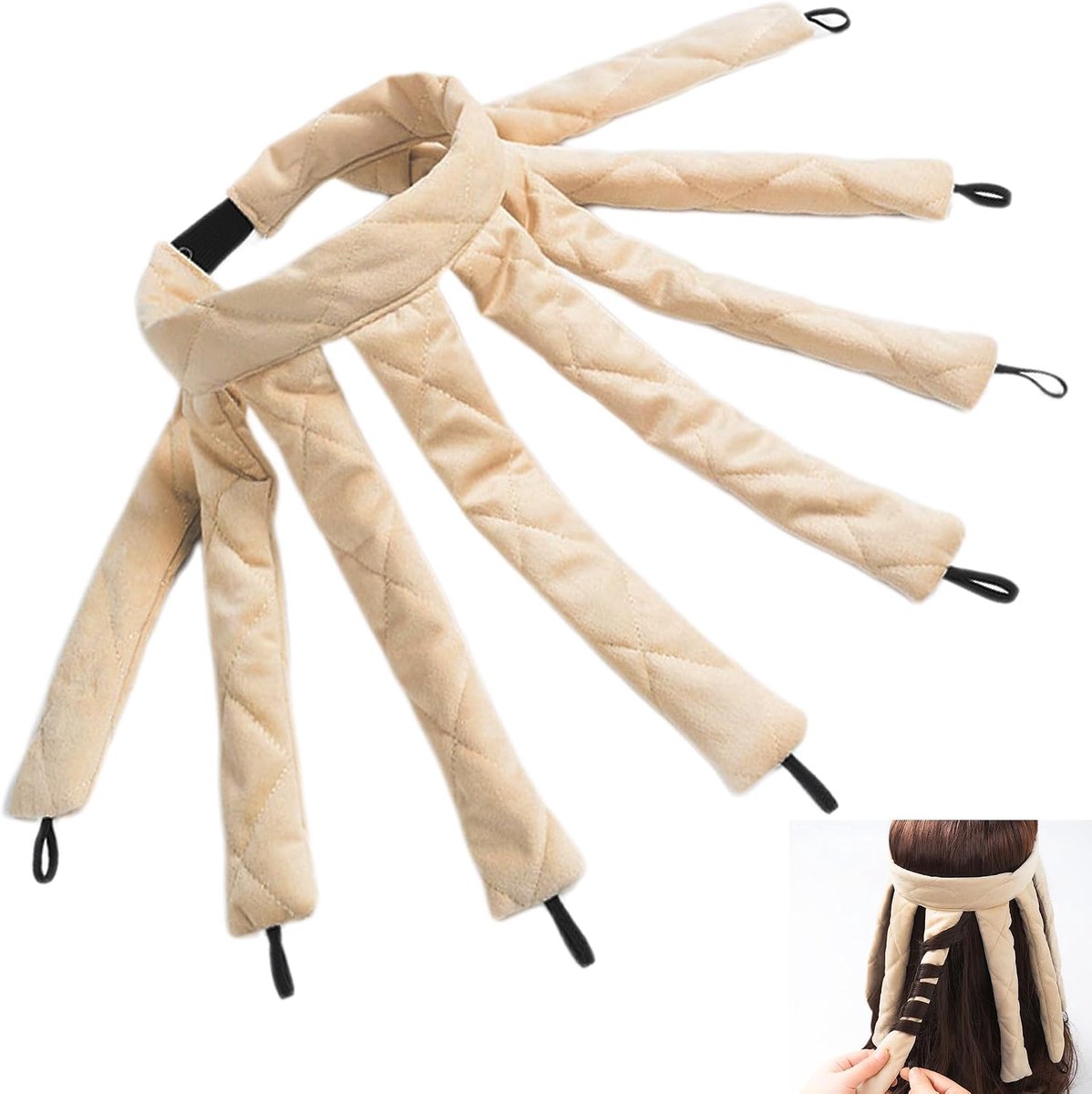 Heatless Curlers Hoofdband - 1 stuk, beige, hittevrije krulspelden 's nachts, geschikt voor nat en droog haar, lang en kort haar, thuis en onderweg