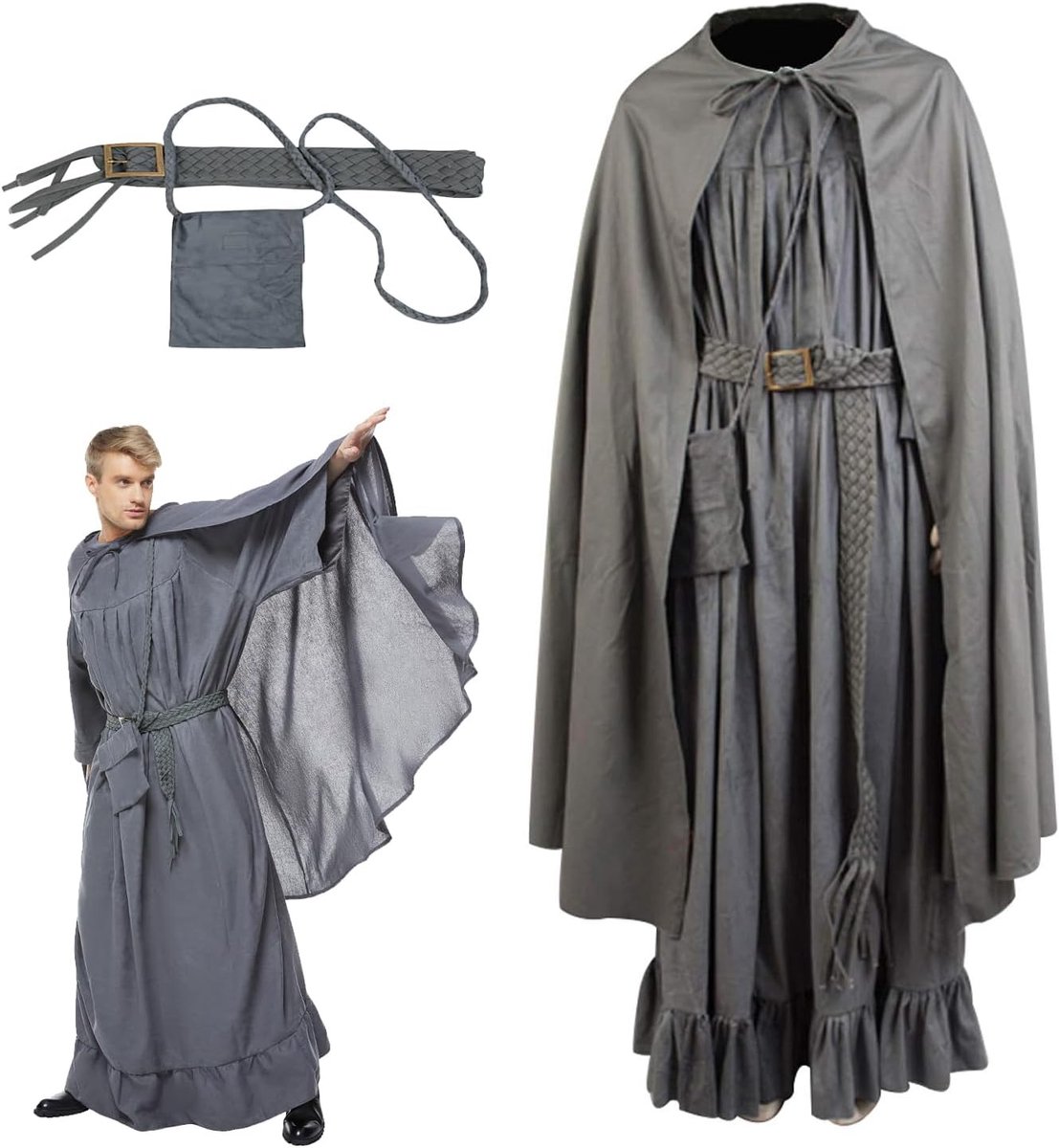 tovenaarskostuum voor heren, cape met riem, crossbody tas, accessoires, Halloween-set