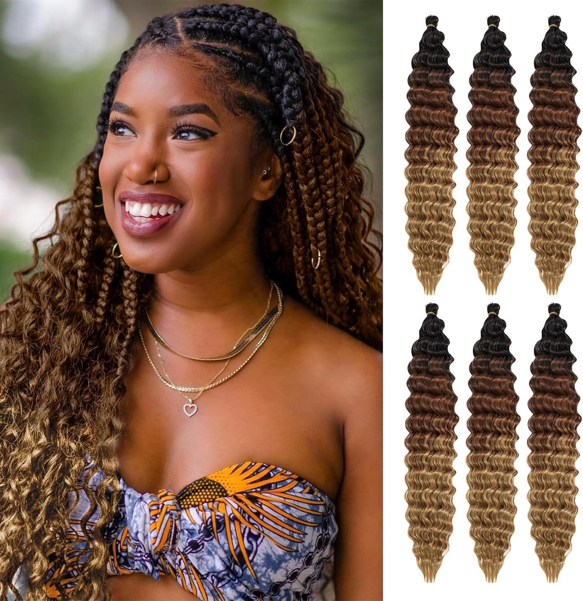 Wave gevlochten haar voor zwarte vrouwen, Deep Wave crochet Hair Ocean Wave crochet, synthetische haarextensie voor boho vlechten (1B30/27#, 51 cm, verpakking van 6 stuks)