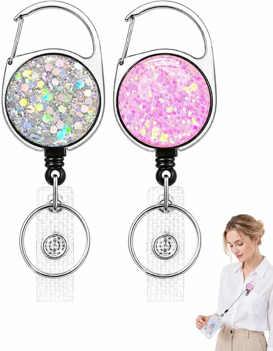 ID-kaarthouder, 2 stuks, spoelclip, glitter en kristallen, zilverroze, intrekbare sleutelhanger voor identiteitskaarten en sleutels, perfect voor kantoor of beurzen