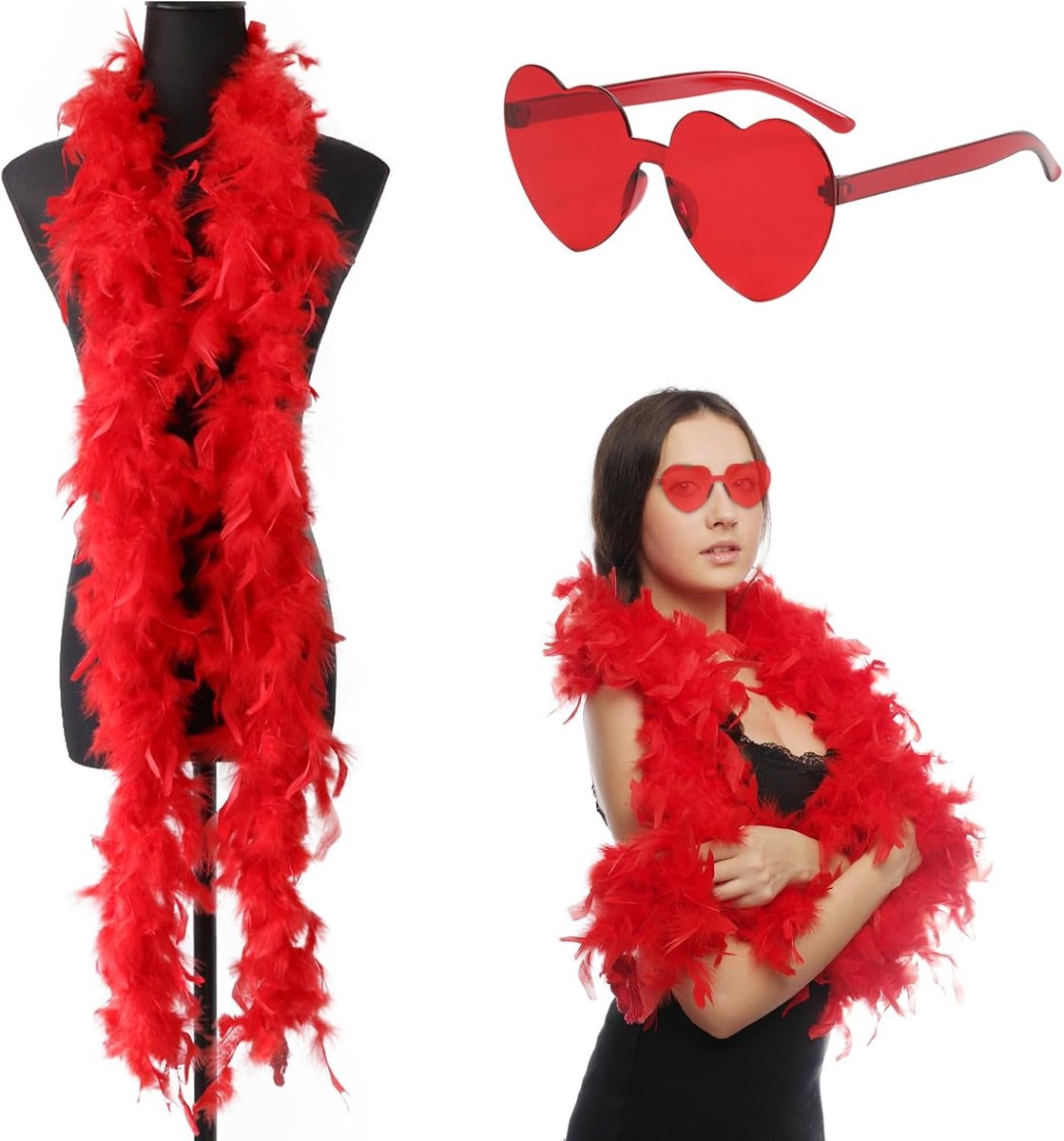 2 m veerboa met zonnebril, boa, decoratie, kalkoenverenboa, voor feest, bruiloft, carnaval, Halloween, Kerstmis