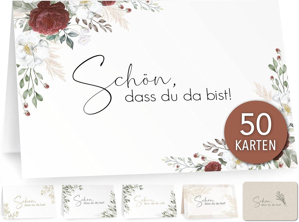 & Love 50 tafelkaarten, naamkaarten, plaatskaarten, bruiloft, verjaardag, communie, creatief bloemendesign (bloemendesign rood, 50)