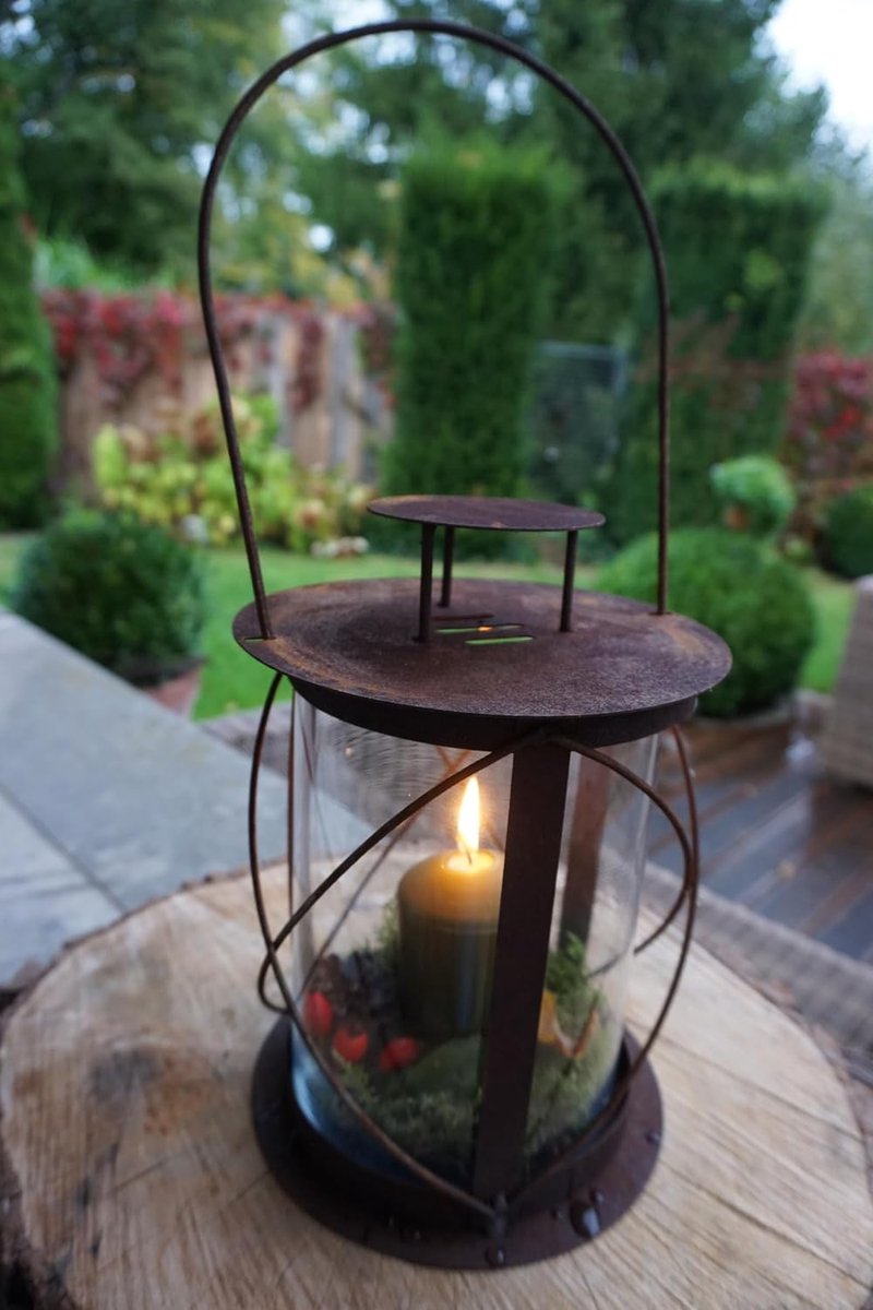 Tuinlantaarn van patina, rustieke metalen lantaarn met glazen inzetstuk voor kaarsen, windlicht, om op te hangen of neer te zetten