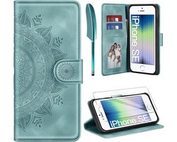 Ivencase Leren hoes voor iPhone SE 2022/2020, iPhone 8/7, hoes en beschermfolie, premium vouwbare telefoonhoes flip wallet, (kaartenvak) (PU-leer) (standaard) beschermhoes, groen