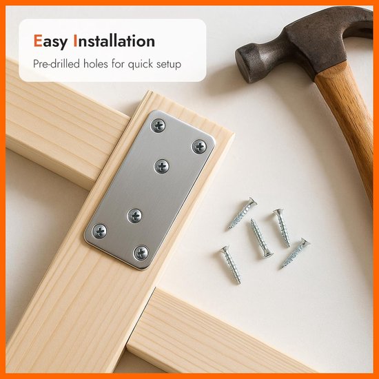 12 stuks platte connectoren, 80 × 40 × 2 mm geperforeerde platen, houten connectoren, geperforeerde platen voor houtverbindingen, meubelbouw, planksteunen, versterkingshoek, zilver — afbeelding 4