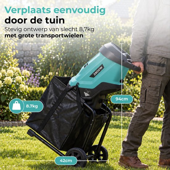 VENTRA® Elektrische Hakselaar - Wood Shredder - 2800W - Voor Takken Tot Ø45mm - 45L Opvangzak - 42 x 35 x 94cm — afbeelding 2