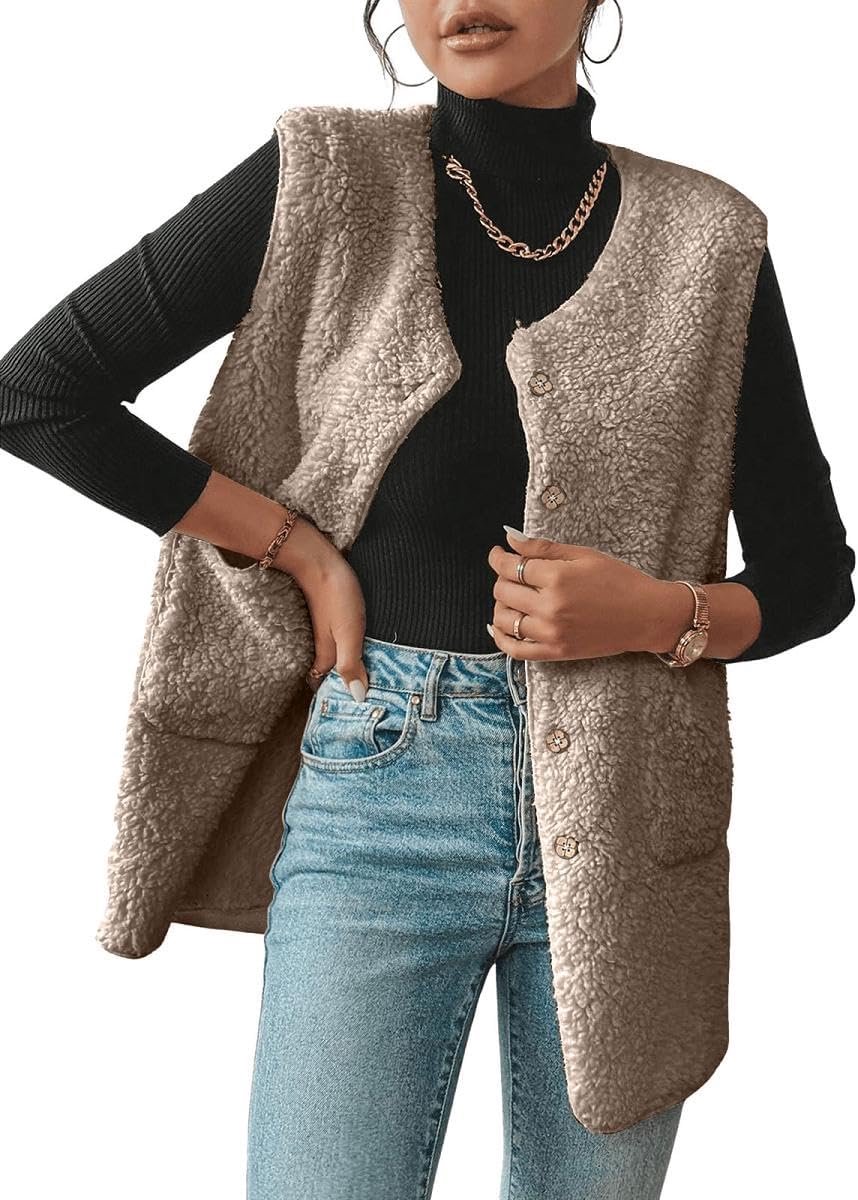 Teddy Fleece Lange Gilets Effen Body Warmer Winter Warm Gewatteerde Vest Mouwloze Vesten Tops Button Down Loose Fit Fleece Outwear Jas met Zakken