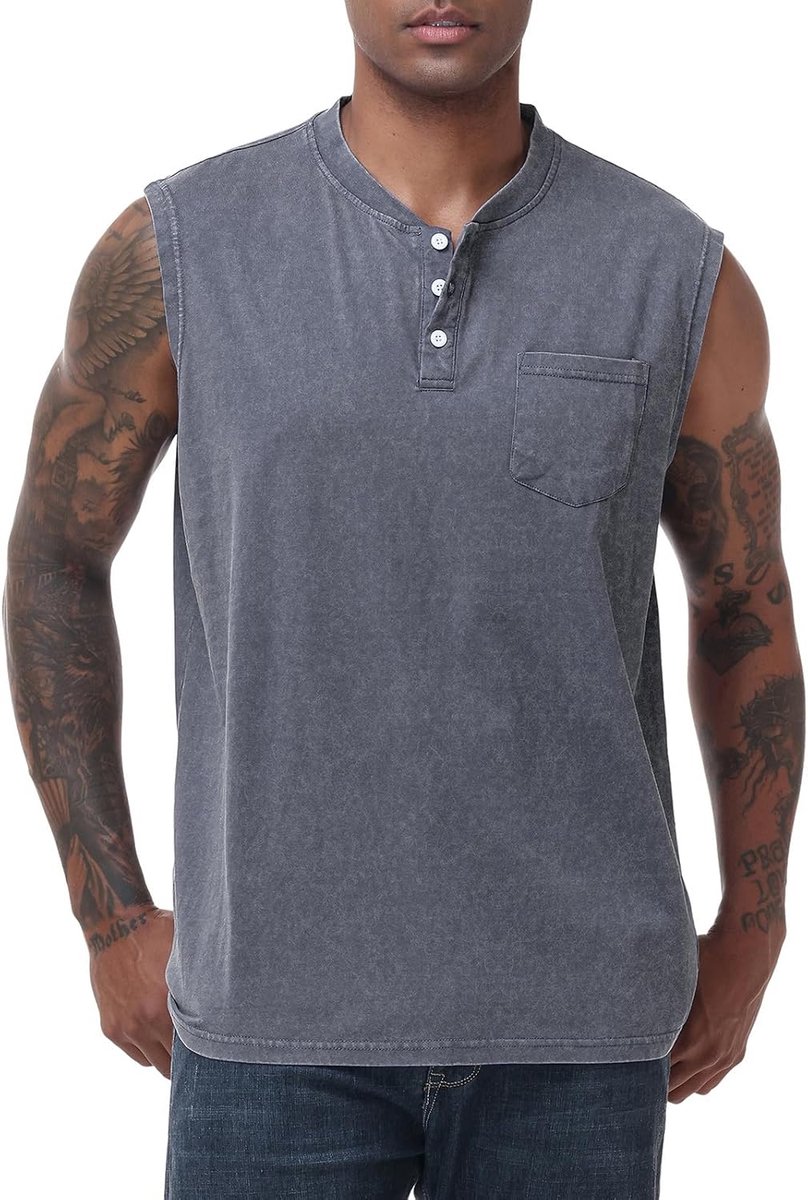 Tanktop voor heren, mouwloos, spiershirts, knoopsluiting, gym, sport, onderhemd, functioneel shirt, henley tanktop met zak