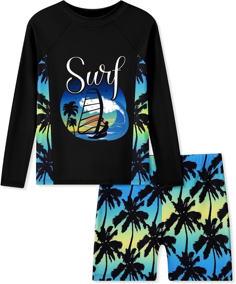 Zwempak voor jongens, 2-delig, uv-zwemshirt + boardshorts, sneldrogend, 4-12 jaar