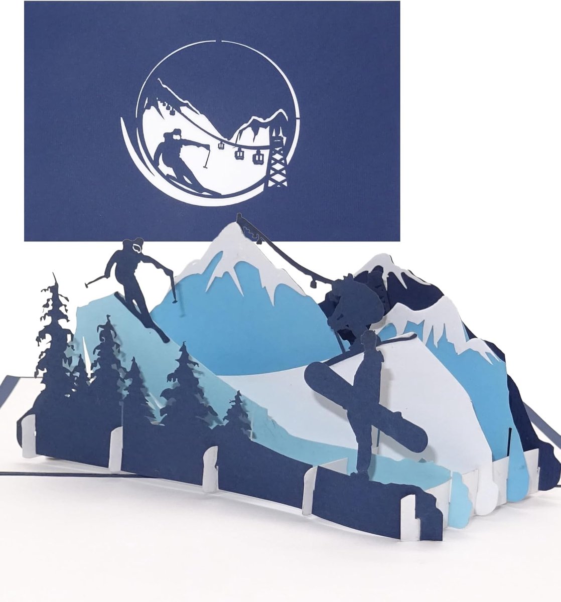 Kaart "Ski & Snowboard" - 3D verjaardagskaart, uitnodigingskaart & cadeaubon - als reisvoucher, uitnodiging, geschenkverpakking en voucher voor skivakantie en snowboarden