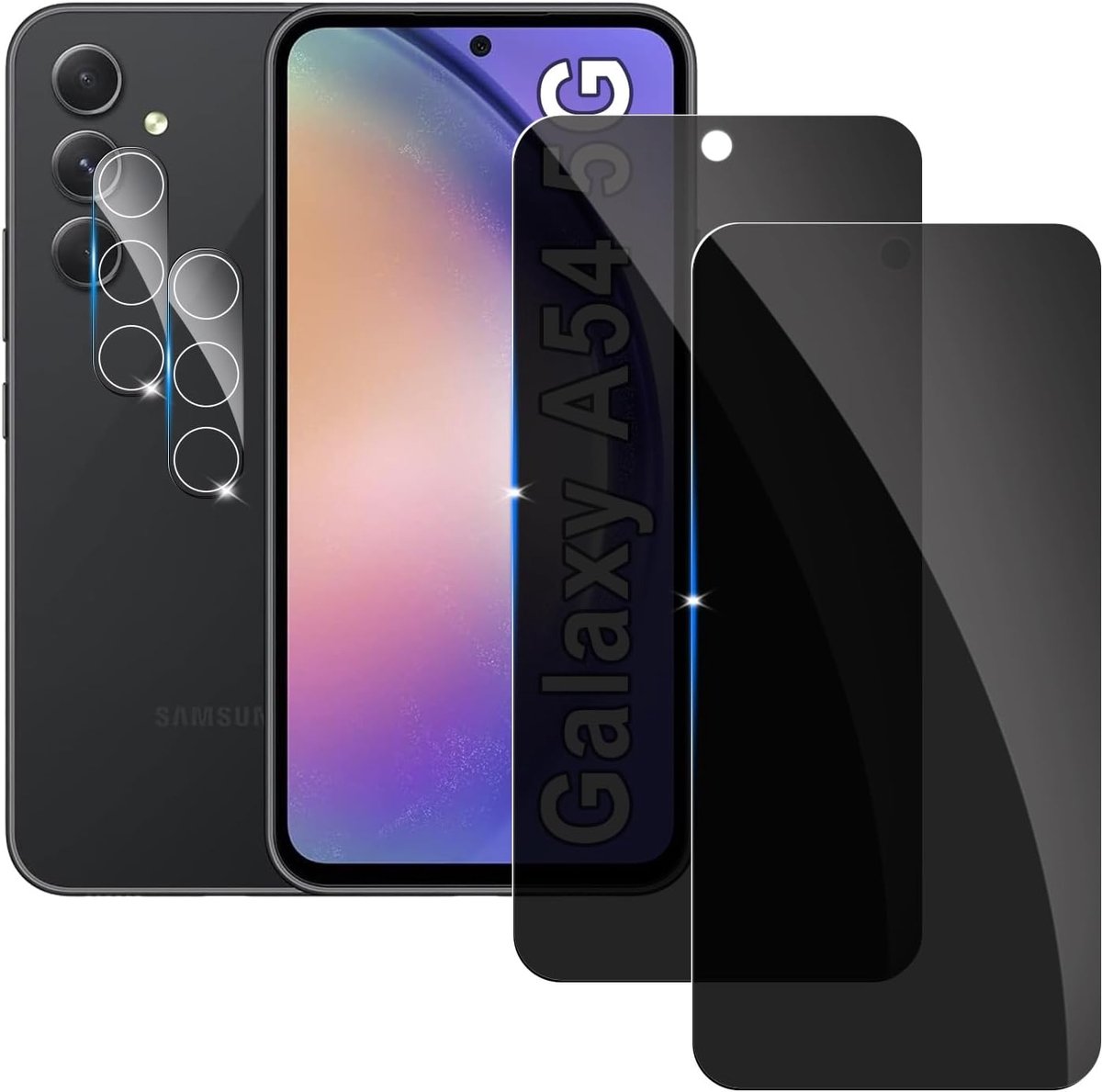 【2+2 stuks】2 privacy schermbeschermer voor Samsung Galaxy A54 met 2 Camera Lens Beschermer, Anti-Spy aangemaakte glas Screen Protector,9H hardheid,Anti-kras, Geen Luchtbellen