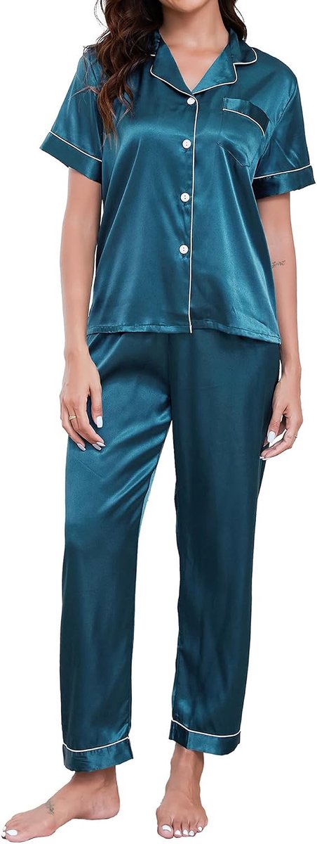 Damespyjama van zijde, tweedelige satijnen pyjama met korte mouwen en knopen en broek, comfortabele en lichte nachtkleding voor thuis