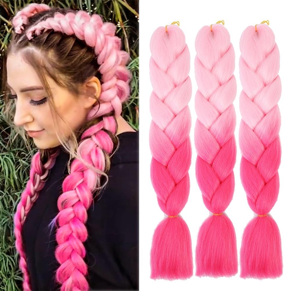vlechten extensies, 3 per pakket vlechthaar Rosa Ombre vlechthaarverlengingen voor het maken van vlechten ombre roze