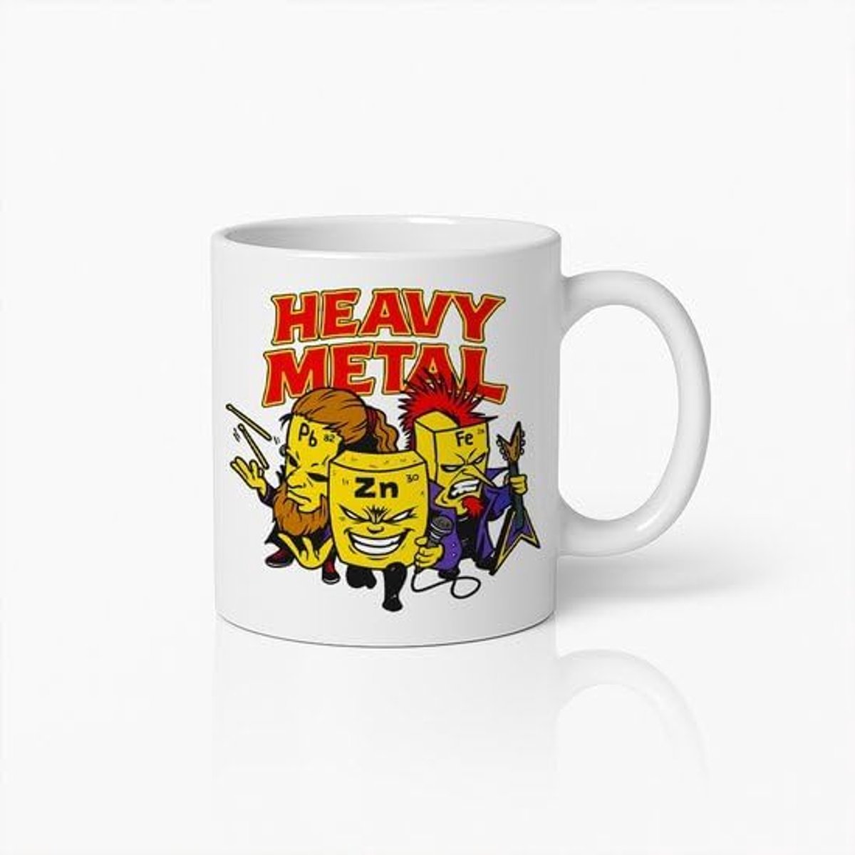 “Heavy Metal” Scheikunde Cartoon Witte Mok 330ml – Chemie & Rock Humor Beker