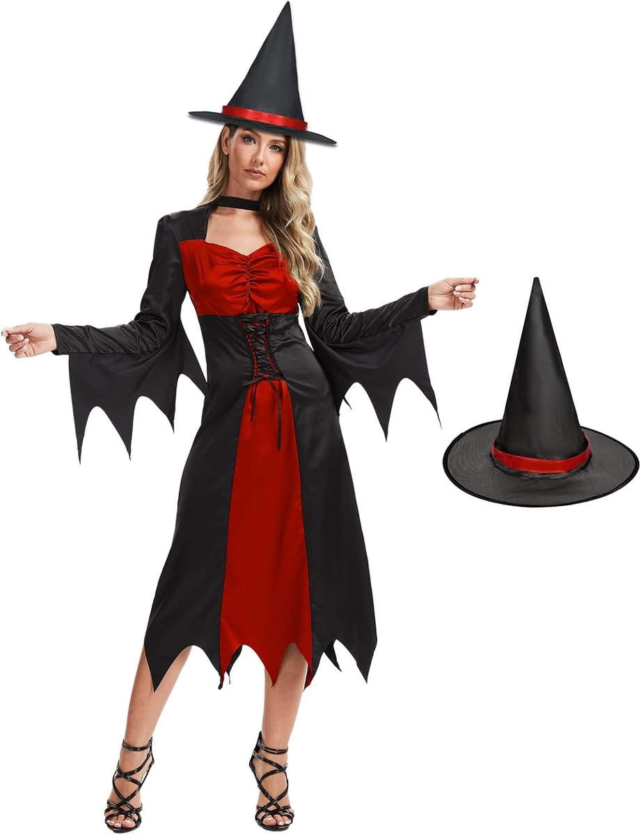 Heksenkostuum voor dames, boze heksenjurk met hoed, Halloween, vampierkostuum voor volwassenen voor vrouwen
