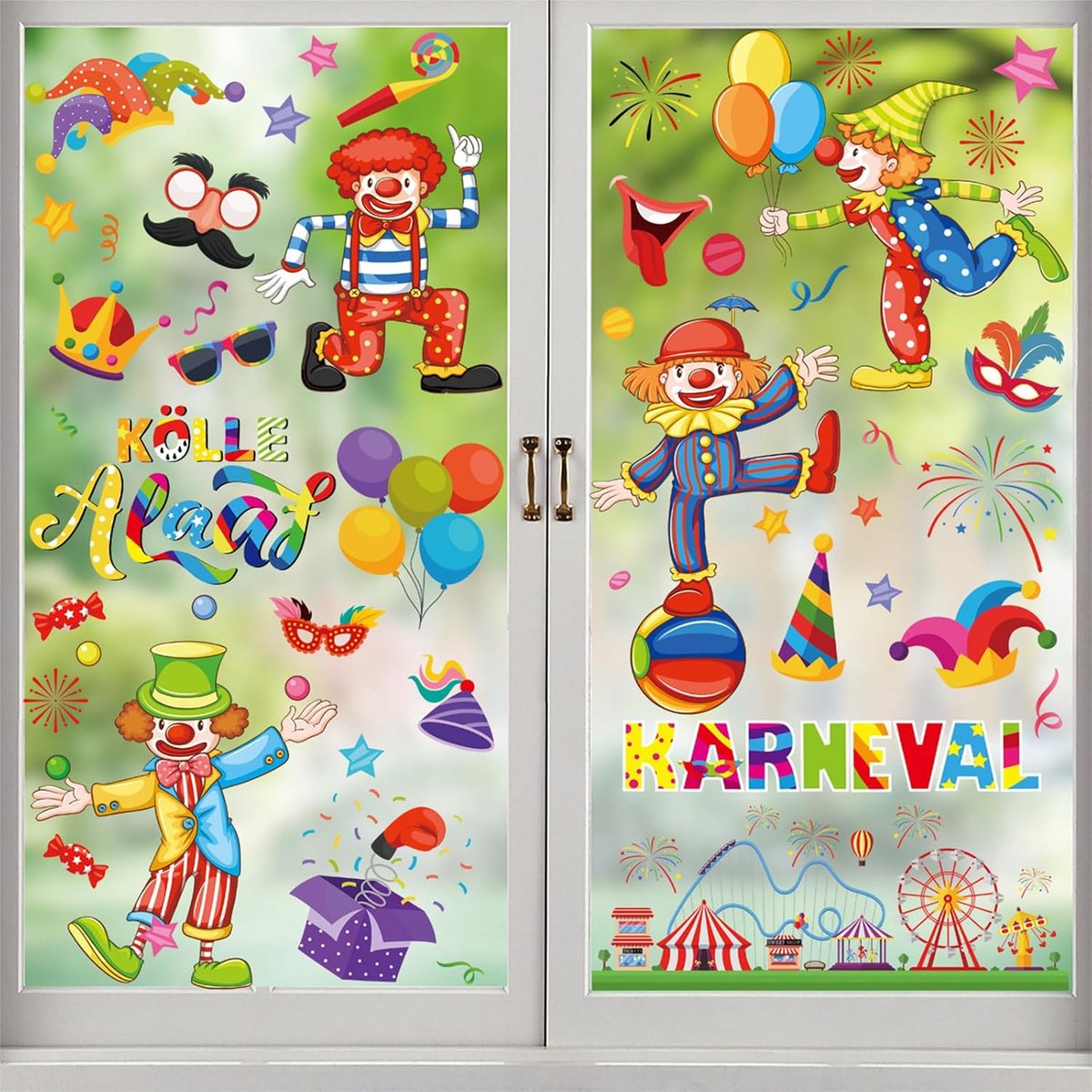 9 vellen clown/circus-motief, zelfklevende statische raamafbeeldingen, 100 stuks feestelijke feestdecoratie