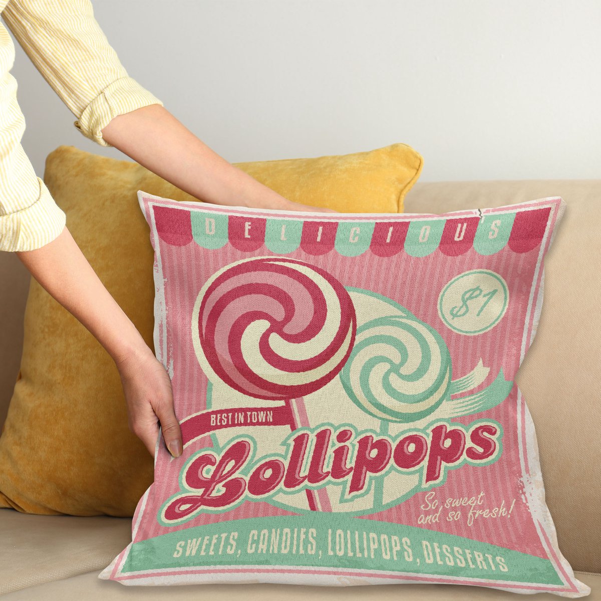 ABAKUHAUS Vintage Sierkussenhoes, Lollipops Candy Foreground van Gestreept Layout Girls Childhood Print Afbeelding Print, Decoratieve Vierkante Sierkussenhoes, 50 x 50 cm, Groen Roze