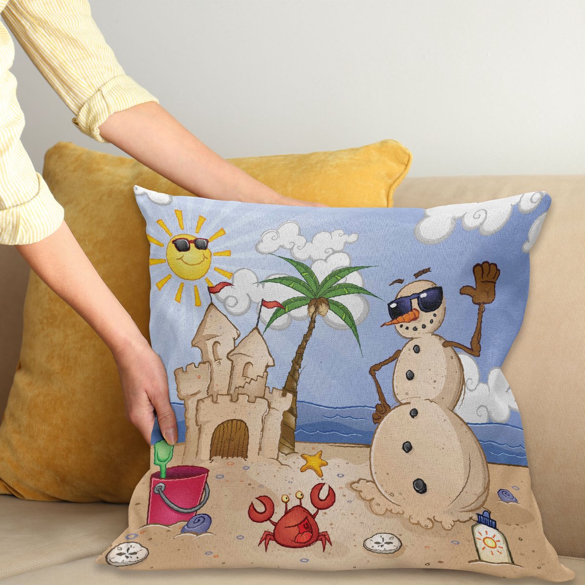 ABAKUHAUS Cartoon Sierkussenhoes, Zand Snowman Castle Crab Schelp op Tropisch Strand Enjoying Zon Cartoon Print, Decoratieve Vierkante Sierkussenhoes, 40 x 40 cm, Zand Bruin