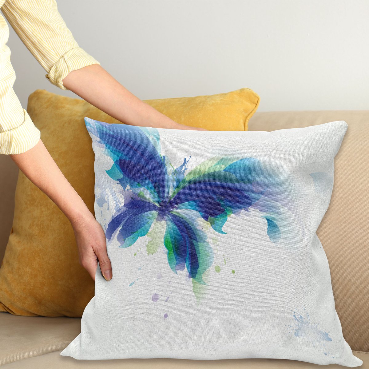 ABAKUHAUS Abstract Sierkussenhoes, Big Vlinder Petal Look Ombre Stijl Bloesem Modern en Cool Ontwerp Splashes Bladeren Afbeelding, Decoratieve Vierkante Sierkussenhoes, 50 x 50 cm, Wit Groen