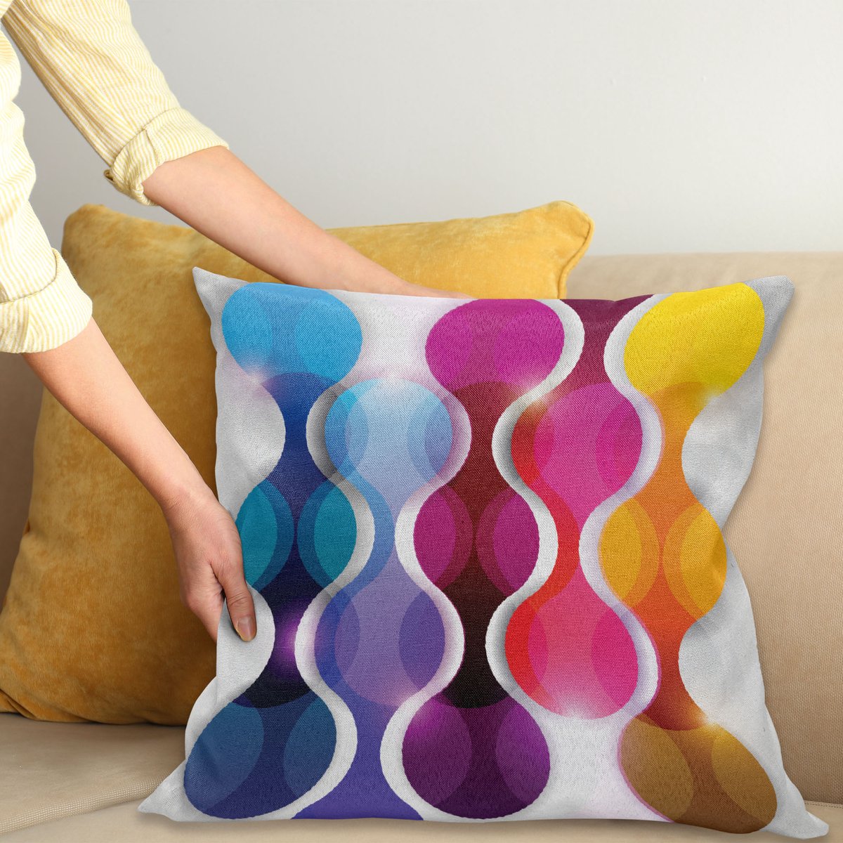 ABAKUHAUS Abstract Sierkussenhoes, Modern Grafisch Vector Ontwerp met Regenboog Zoals Cirkels en Details Kunstwerk, Decoratieve Vierkante Sierkussenhoes, 50 x 50 cm, Blauw Magenta
