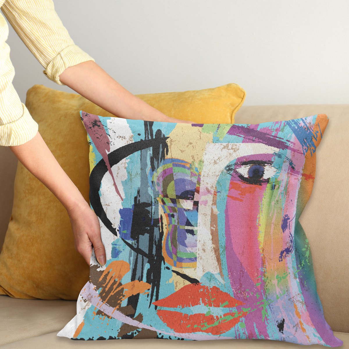 ABAKUHAUS Abstract Sierkussenhoes, Vrouw Face Kunst Compositie met Paint Strokes en Splashes Oog Rood Lips Grungy, Decoratieve Vierkante Sierkussenhoes, 60 x 60 cm, Blauw Regenboog
